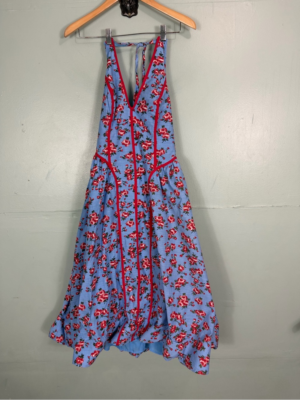 Anthropologie Halter V Neck Fit & Flare Midi Dress Blue Red Floral Sz L Sundress